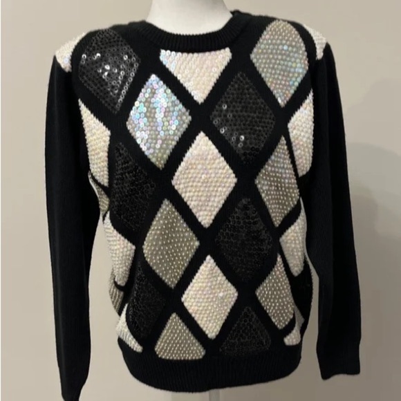 Alfred Dunner petite 80s 90s black grey and white sequins vintage sweater - Picture 1 of 4